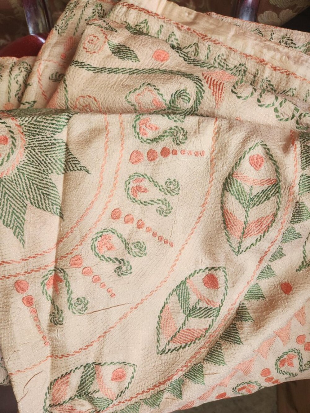 Vintage Tussar Silk Chadar Shawl, Hand Embroidered Nakshi Kantha Throw Blanket